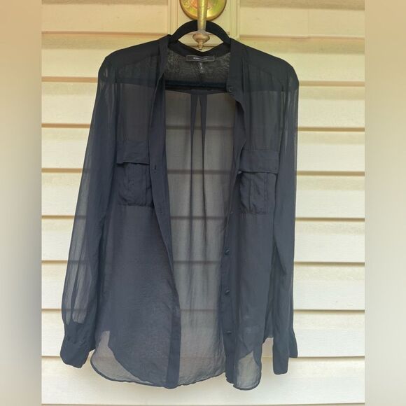BCBGMAXAZRIA black sheer long-sleeved blouse, chest pockets, wrapped buttons, M - Picture 2 of 8